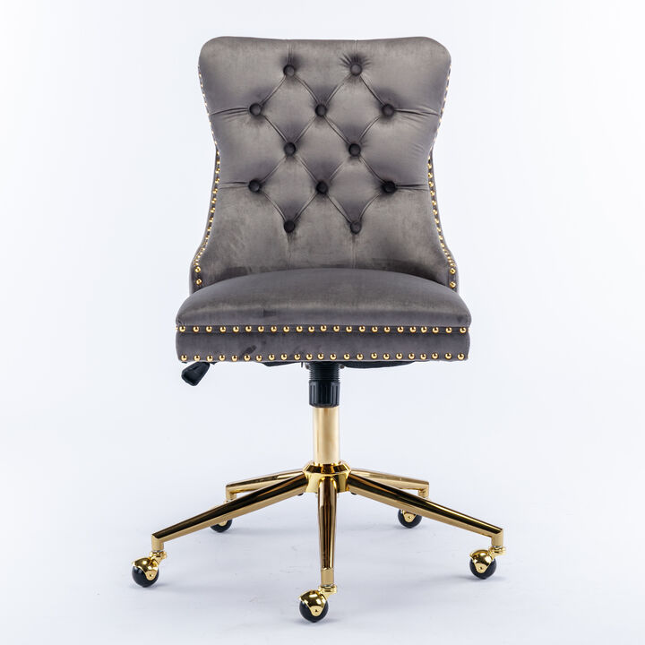 Office Chair,Velvet Upholstered Tufted Button Home Office Chair with Golden Metal Base,Adjustable Desk Chair Swivel Office Chair (Gray)