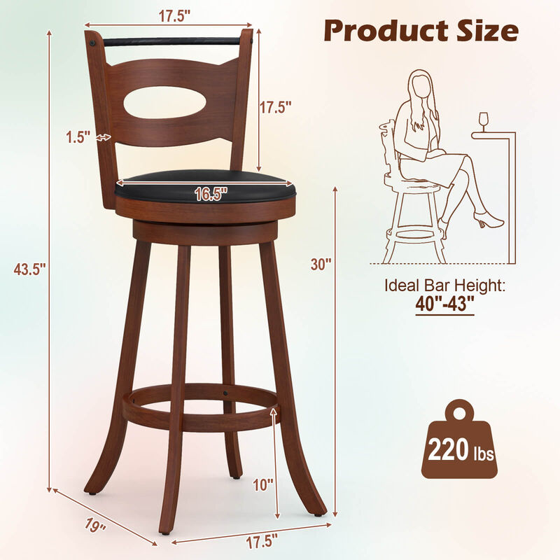 2 Pieces 29 inch Swivel Bar Stools with Curved Backrest and Seat Cushions