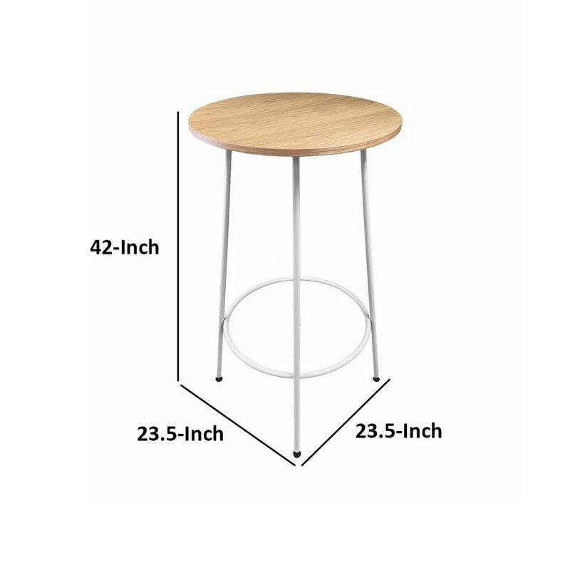 Neni 42 Inch Bar Table, Round Natural Brown Wood Top, Modern White Metal - Benzara