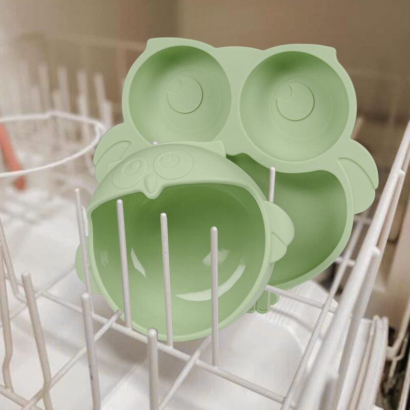 Owl-Shaped Silicone Baby Feeding Set – Suction Plate, Bowl & Spoons for Toddlers (Green).