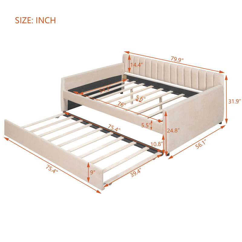 Upholstered Daybed with Trundle and Wood Slat Support