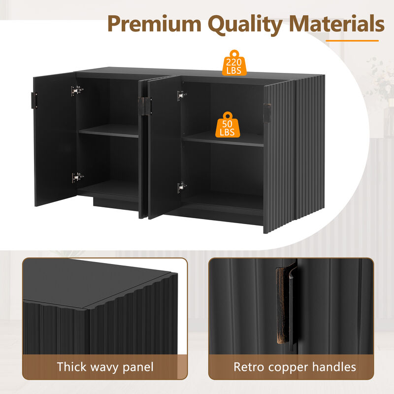 Clihome Buffet Cabinet with Storage, Sideboard Cabinet with Ample Storage Space,4 Fluted Doors Credenza Storage Cabinet with Adjustable Shelves for Dining Room and Living Room (BLACK)