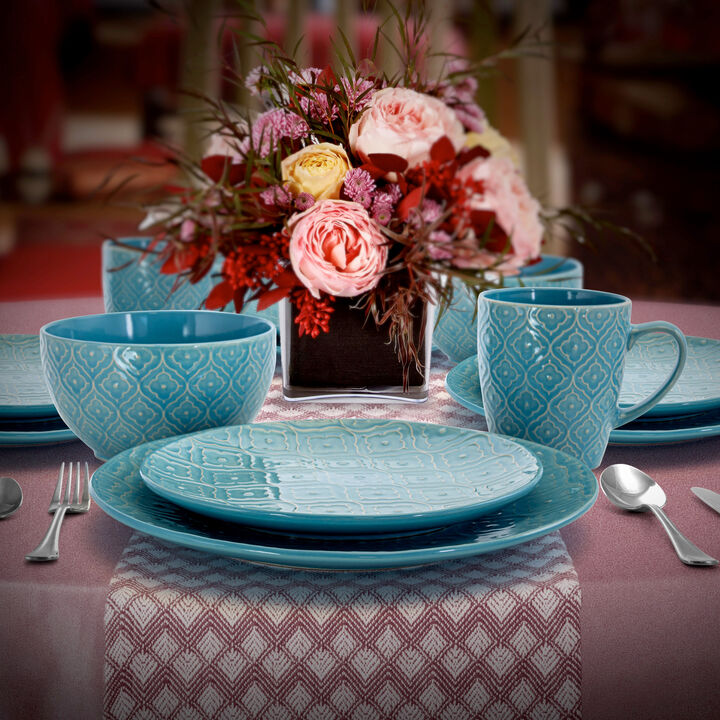 Elama Aqua Lily 16 Piece Luxurious Stoneware Dinnerware with Complete Setting for 4