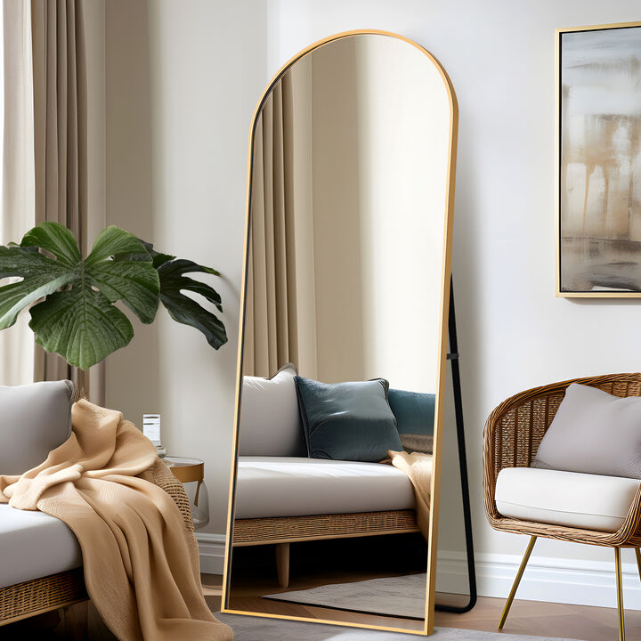 64*21 Arched Gold Aluminum Alloy Framed Floor Mirror with Stand