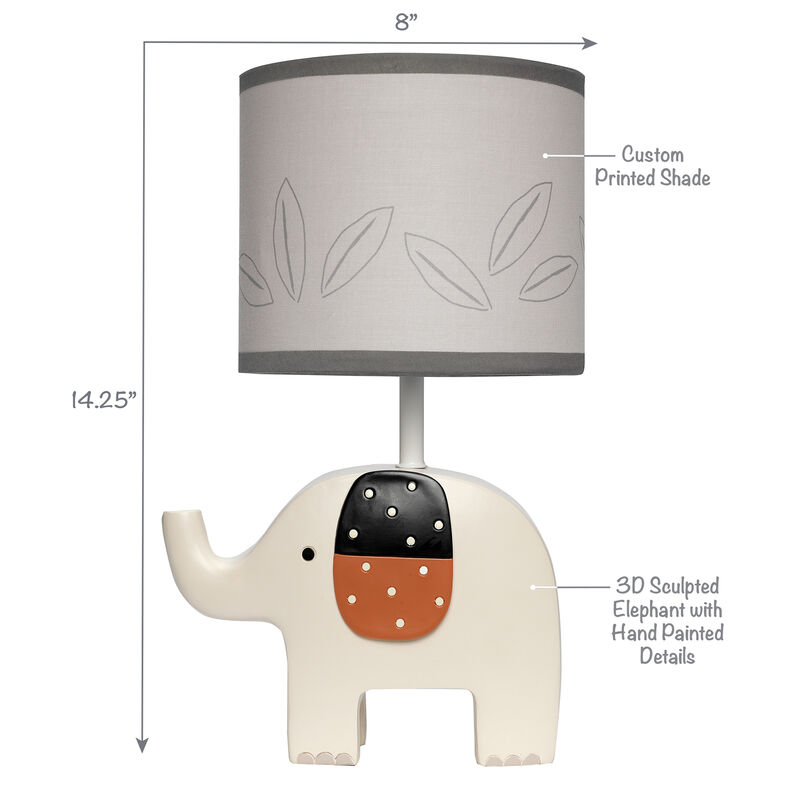 Lambs & Ivy Patchwork Jungle Modern Cream Elephant Lamp With Gray Shade & Bulb