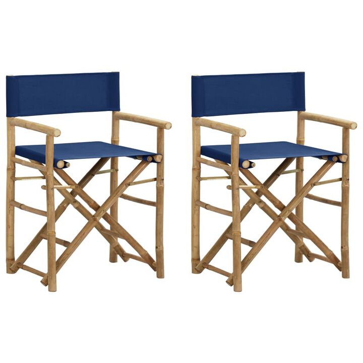 Foldable Directors Chair Set of 2, Accent Bamboo Frame, Blue Polyester - Benzara