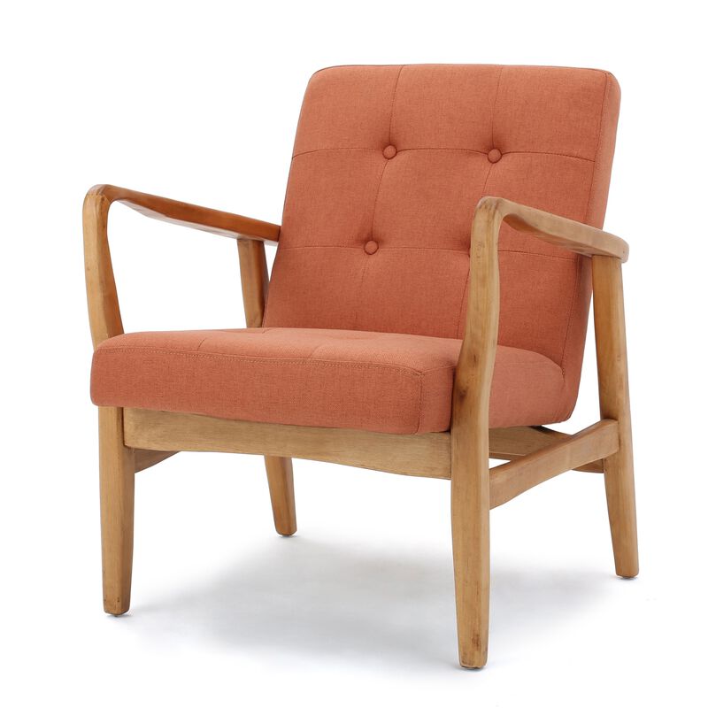 Mimi Accent Chair, Orange Fabric, Button Tufted Backrest, Light Brown Wood - Benzara