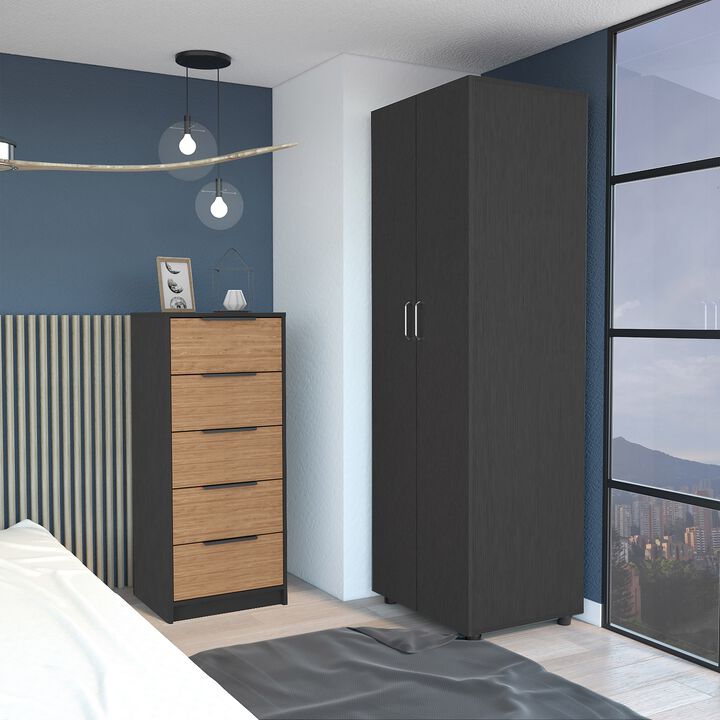 DEPOT E-SHOP Paxon 2 Piece Bedroom Set, London Armoire + Egeo 5 Drawer Dresser, Black / Light Oak