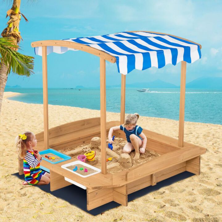 Hivvago Kids Wooden Sandbox with Striped Canopy