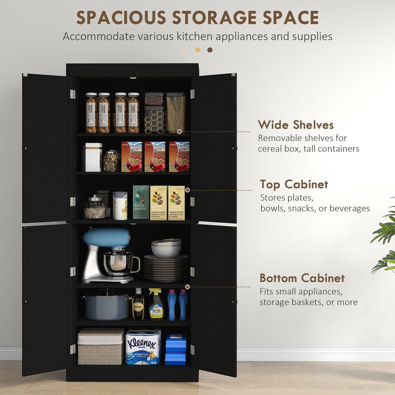 72" Black Freestanding Kitchen Pantry: Doors, Shelves, Food Storage