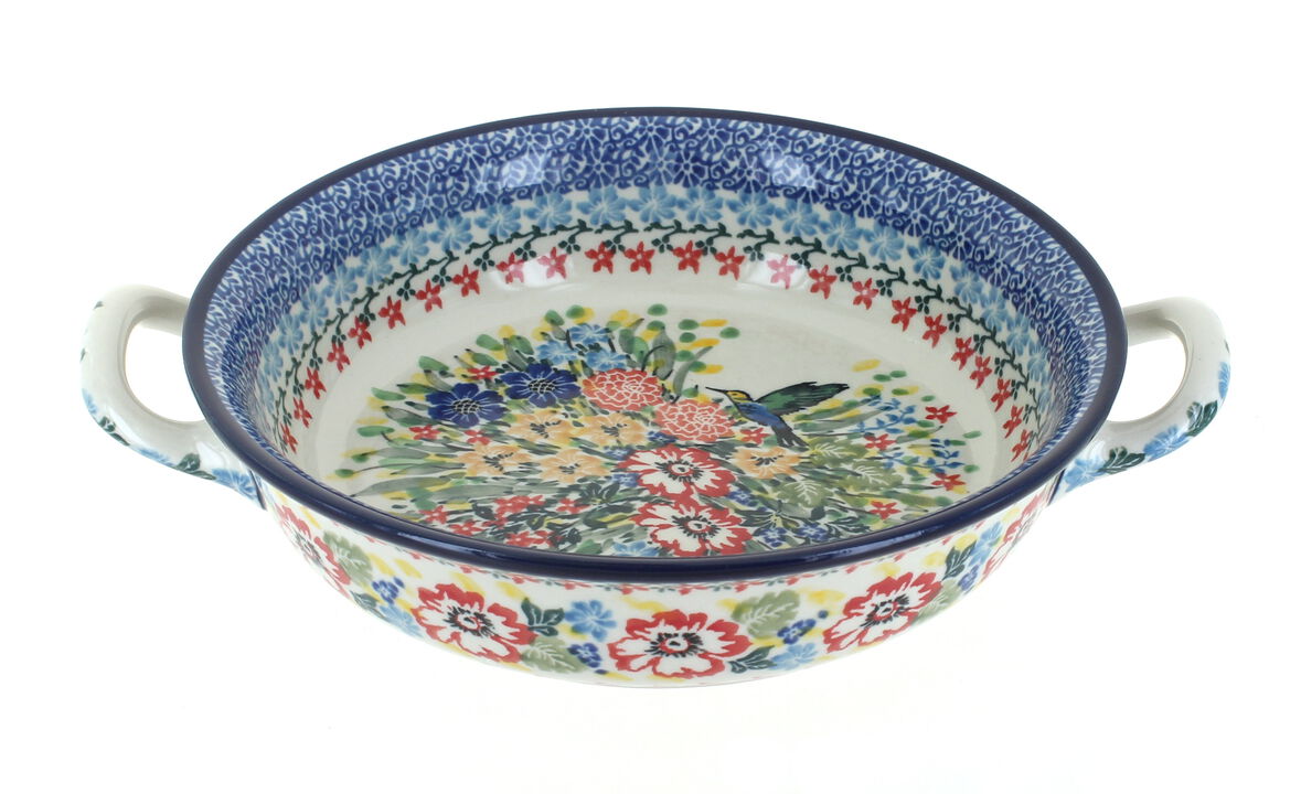 Blue Rose Polish Pottery Hummingbird Small Round Casserole with Handles