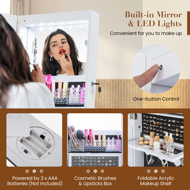 Lockable 360� Swivel Jewelry Cabinet with Full-Length Mirror LED Lights-White