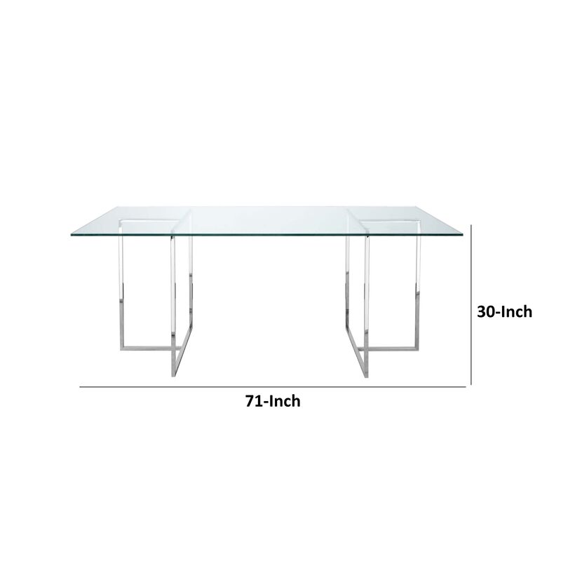 Nisa 71 Inch Dining Table, Tempered Glass Rectangular Top, Chrome Metal - Benzara