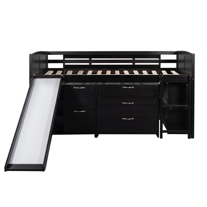 Low Twin Size Loft Bed With Cabinets, Shelves And Slide