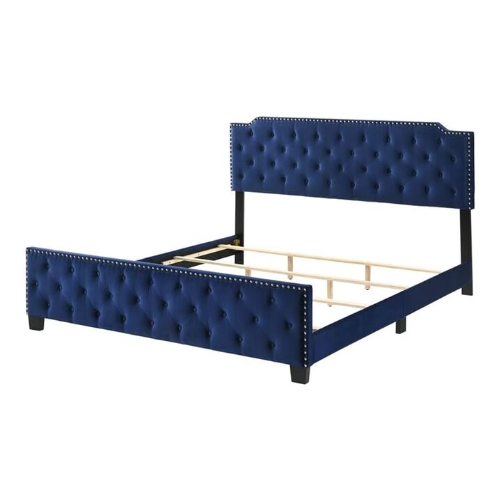 Agapi King Size Bed, Button Tufted, Nailhead Trim, Blue Fabric Upholstery - Benzara