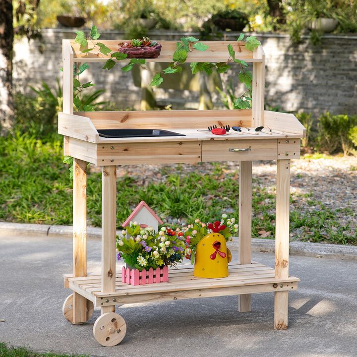 Mobile Garden Station: Natural Wood Potting Bench with Wheels and Sink