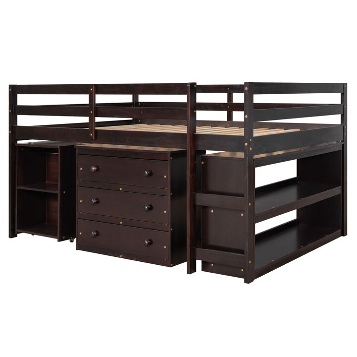 Low Study Full Loft Bed With Cabinet, Shelves And Rolling Portable Desk, Multiple Functions