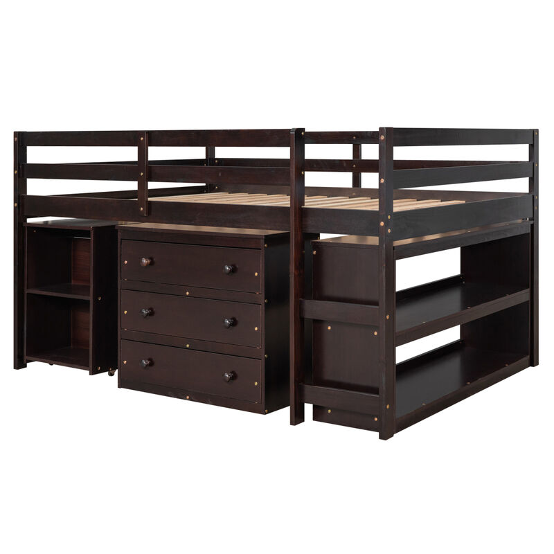 Low Study Full Loft Bed With Cabinet, Shelves And Rolling Portable Desk, Multiple Functions