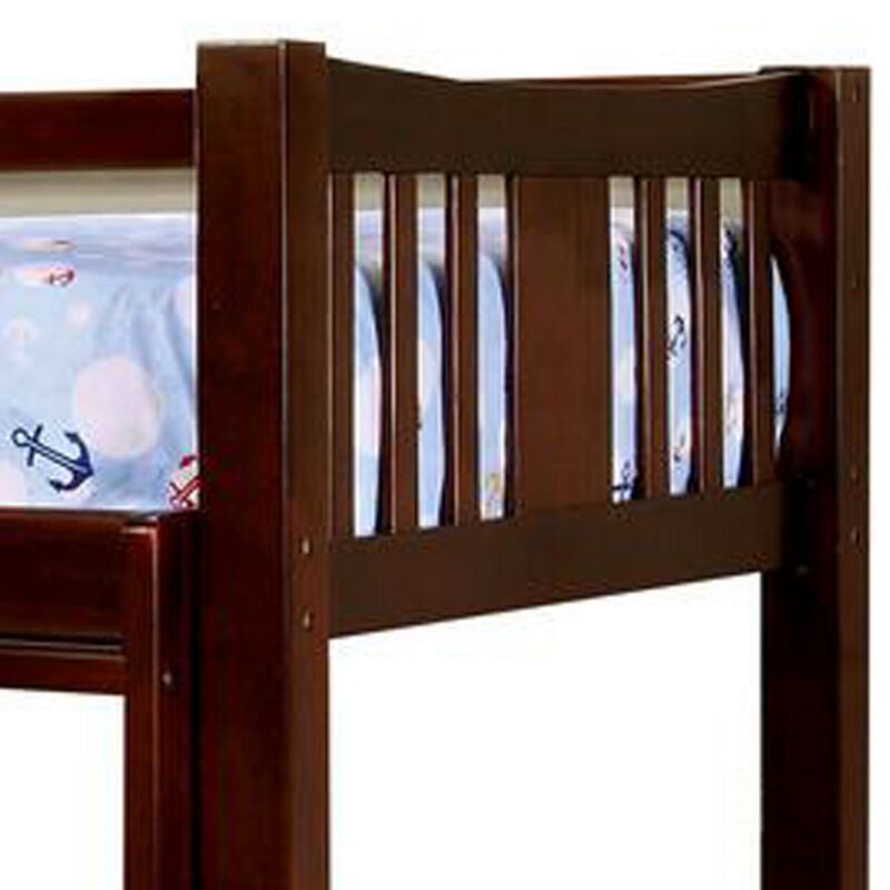 Slatted Twin Over Twin Bunk Bed with Attached Ladder, Espresso Brown-Benzara