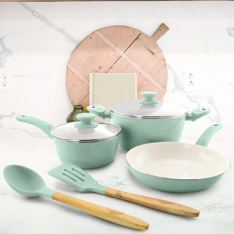 Gibson Home Plaza Cafe 7 Piece Essential Core Aluminum Cookware Set in Sky Blue