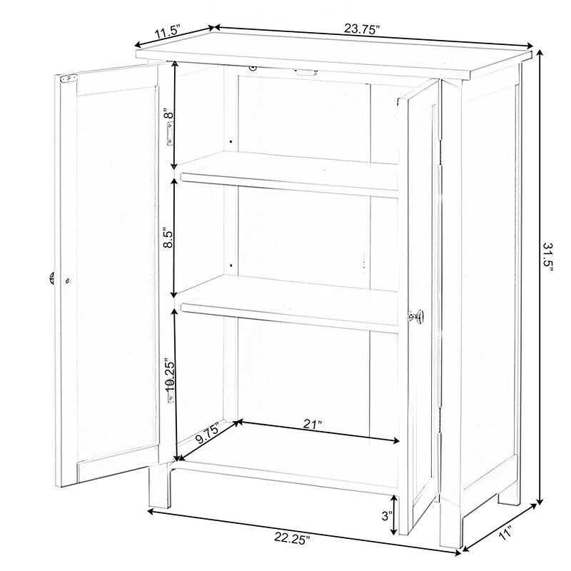 Wooden White Modern Storage Bathroom Vanity Cabinet with Adjustable Shelves and Two Horizontal Planks Design Doors