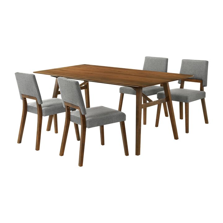 Yumi 5 Piece Dining Table Set, 4 Chairs, Charcoal Gray Fabric, Wood Brown - Benzara