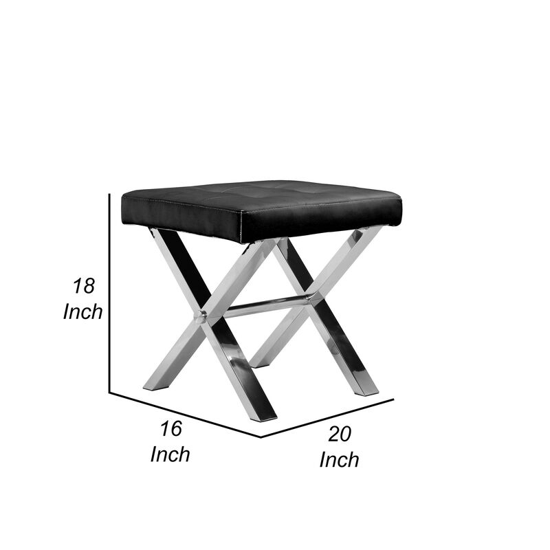 Tia 20 Inch Accent Stool Ottoman, Black Faux Leather, Polished Chrome Legs - Benzara