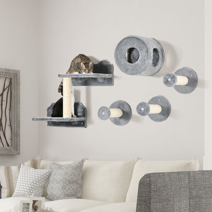 Gray Cat Playground: 5-Piece Wall-Mounted Shelves & Perches Set