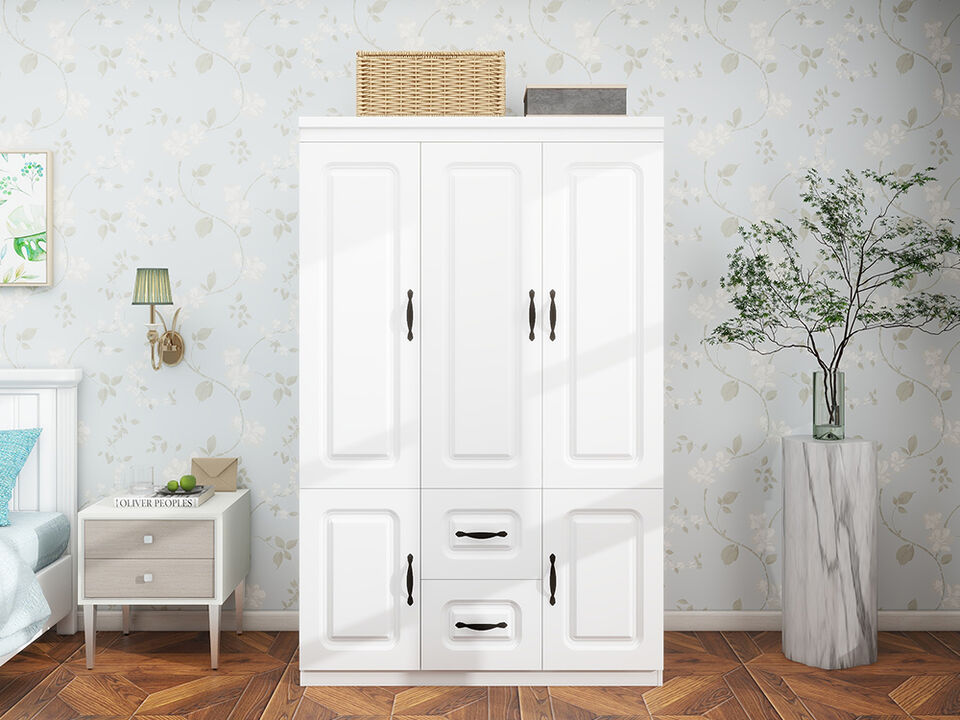 Armoire Wardrobe Closet with 3 Door and 2 Drawers Tall Cabinet for Large Capacity, Closet Wardrobe Cabinet with Hanging Rail and Metal Handle White for Bedroom 47.2" W x 20.5" D x 74" H