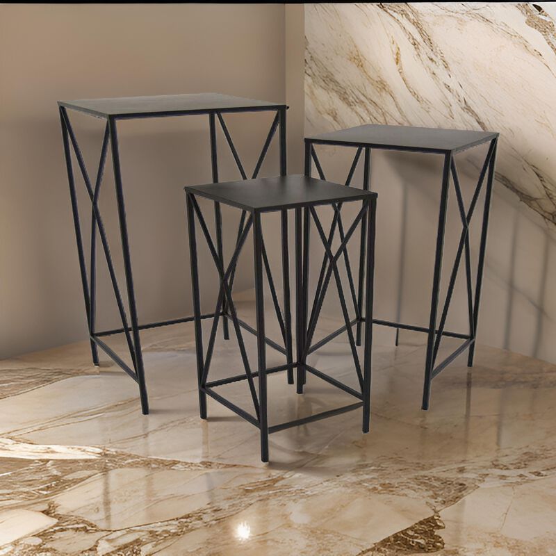 Hyan Modern Plant Stand Side Table Set of 3, Crossed Black Metal Frame - Benzara
