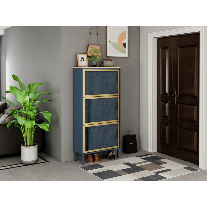 3 Metal Door Shoe Rack, Freestanding Modern Shoe Storage Cabinet, Metal Rattan, For Entryway