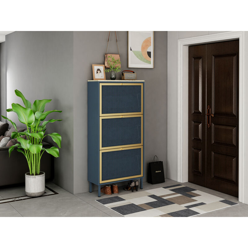 3 Metal Door Shoe Rack, Freestanding Modern Shoe Storage Cabinet, Metal Rattan, For Entryway