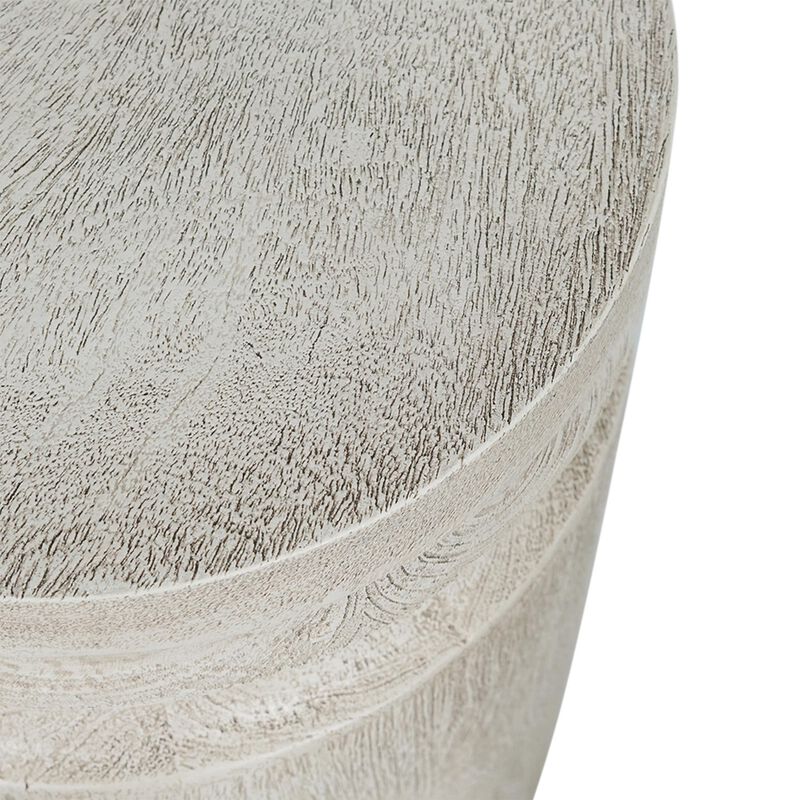 Benjara Kiv 18 Inch Side End Table, Round Mango Wood Top, Carved Accent Base, Gray, Cream