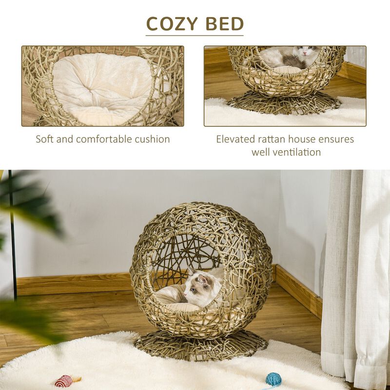Brown Kitty Haven: Elevated Wicker Cat Bed with Soft Cushion
