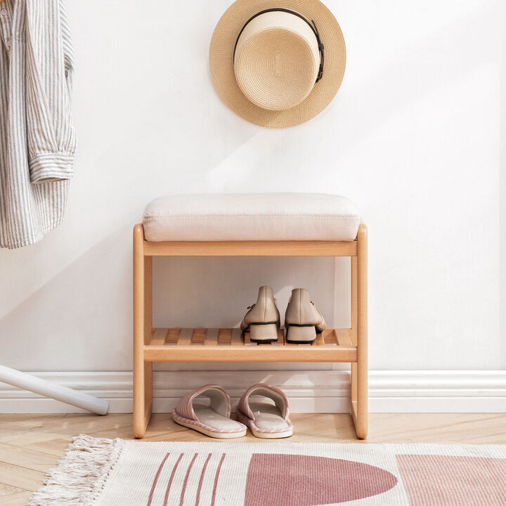 Natural Solid Wood Shoe Bench, Beech Wood Storage Rack Organizer With High Rebound Sponge Cushion