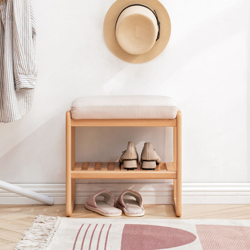 Natural Solid Wood Shoe Bench, Beech Wood Storage Rack Organizer With High Rebound Sponge Cushion