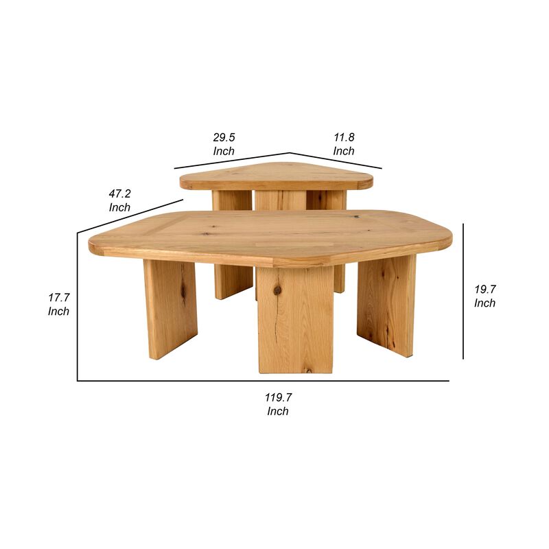 Cid Kirk Coffee Table Set of 2, Freeform Shape, Natural Oak Wood Frame - Benzara