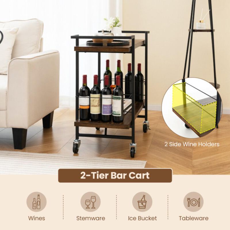 Hivvago 2-Tier Home Bar Cart with Lockable Wheels and Heavy-Duty Metal Frame-Rustic Brown
