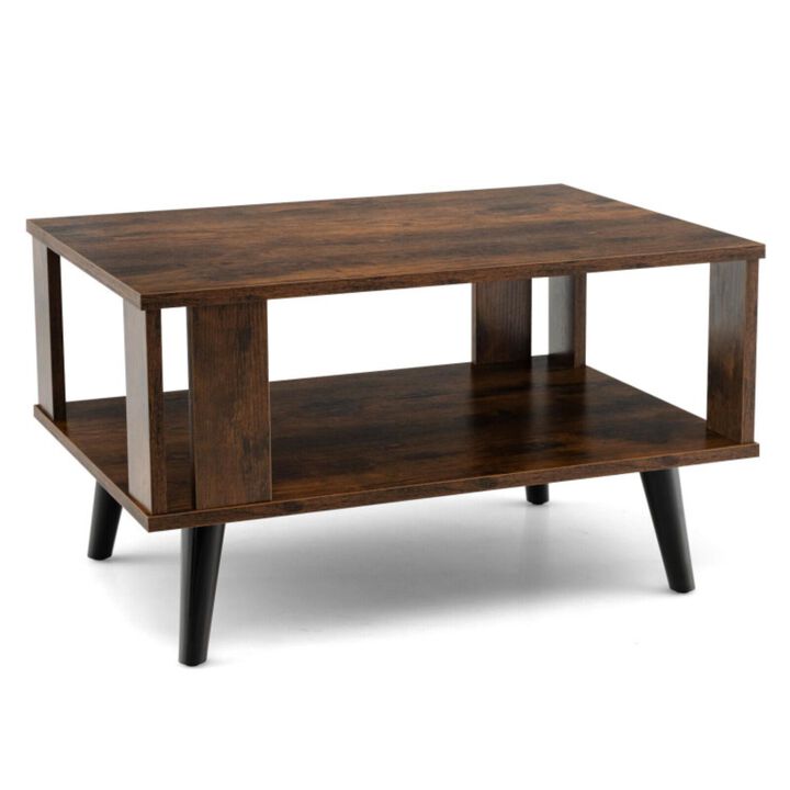 Hivvago Compact Retro Mid-Century Coffee Table with Storage Open Shelf-Rustic Brown