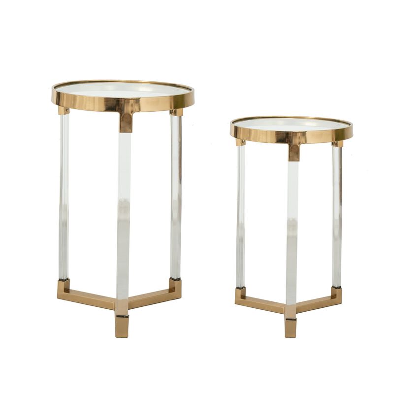24, 21 Accent Tables, Acrylic Clear Legs, Glass Top, Set of 2, Gold - Benzara