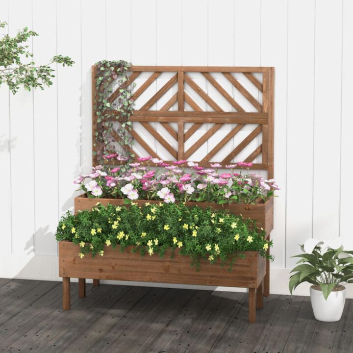 Hivvago 2-Tier Raised Garden Bed with Trellis-Brown