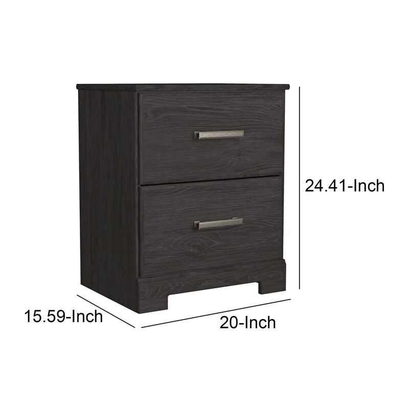 Wren 24 Inch Modern Rustic Wood Nightstand, 2 Drawers, Oak Grain, Black-Benzara