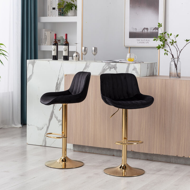 Chrome Footrest and Base Swivel Height Adjustable Mechanical Lifting Velvet + Golden Leg Simple Bar Stool, Set of 2, Black