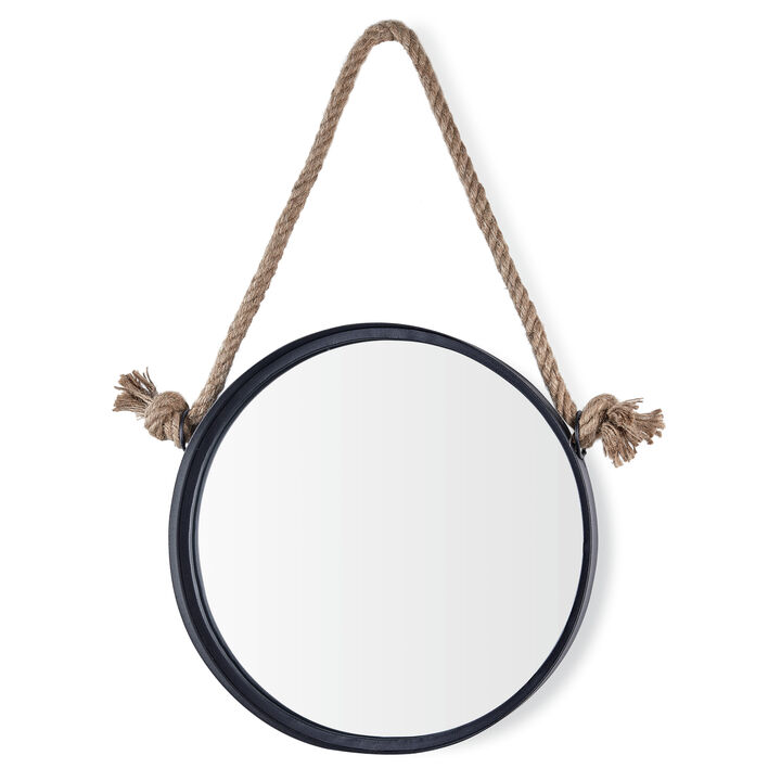 15in Black Iron Framed Round Accent Mirror with Hanging Rope