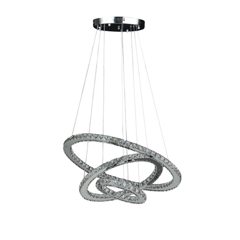 12-47 Inch Adjustable Chandelier, Offset Circle Design Silver Chrome Finish-Benzara