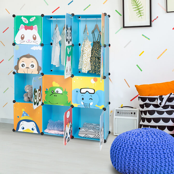 12-Cube Magic Wardrobe with 2 Hanging Rods, Plastic & Steel Wire Storage Cabinet with Animal Print Doors