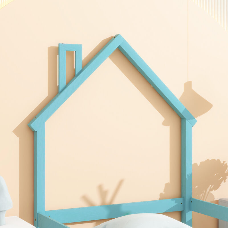 Twin Size Wood Bed With House-Shaped Headboard Floor Bed With Fences, Light Blue