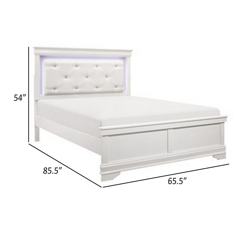Teich Queen Bed, LED, Crystal Tufted Faux Leather Upholstery, White Wood - Benzara