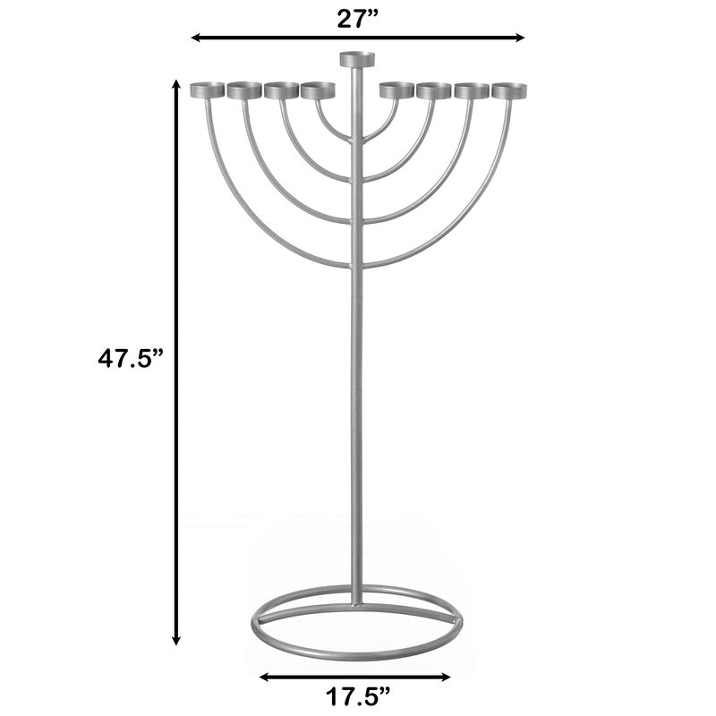 Large Modern Silver 9 Branch Lighting Thin Pipe Hanukkah Menorah, Metal-Aluminum