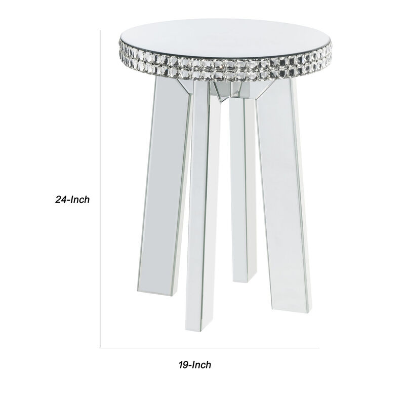 Round Mirror Panel Inlay End Table with Faux Crystals Accents, Silver-Benzara